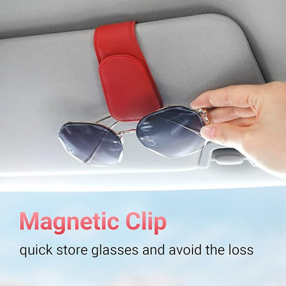 KanSmart Sunglass Holder for Car Visor Sunglasses Clip Magnetic Leather Glasses Eyeglass Holder Interior Car Accessories for Woman Man - 2 Packs Red
