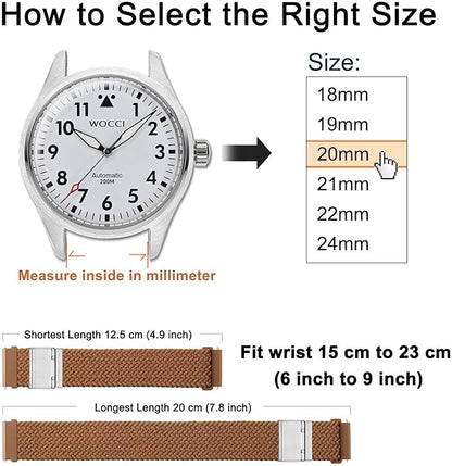 WOCCI 20mm Braided Nylon Watch Band for Men and Women, Quick Release, Silver Stainless Steel Buckle (Brown)