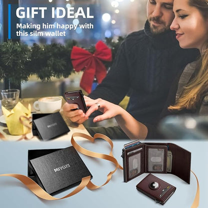 miyozi Airtag Wallet for Men,with Cash Pocket 2 ID Window 9-12 Cards,Metal Case Smart Slim Pop Up Credit Card Holder Flip with Magnetic Closure RFID Blocking Trifold wallet with Gift Box