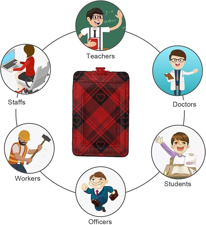 Badge Holder, Buffalo Plaid Red Black Hearts PU Leather School College Business ID Badge Card Holder Wallet Case with 1 Clear Window, 2 Credit Card Slots and Detachable Neck Lanyard