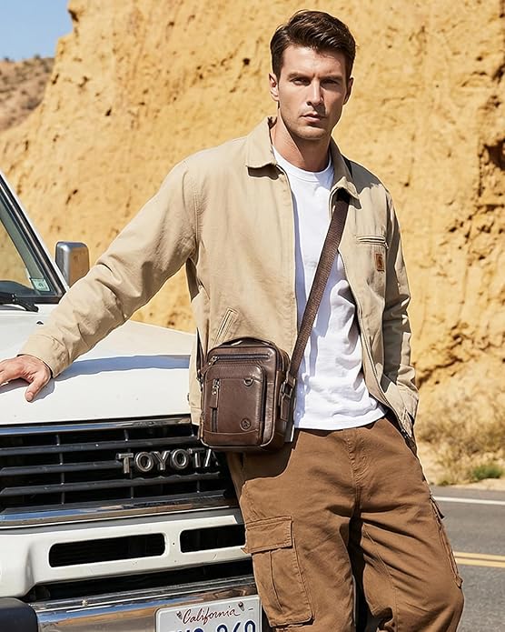 Men's Vinatge Leather Crossbody:Compact with Organized Pockets,Stylish & Functional for Everyday Carry