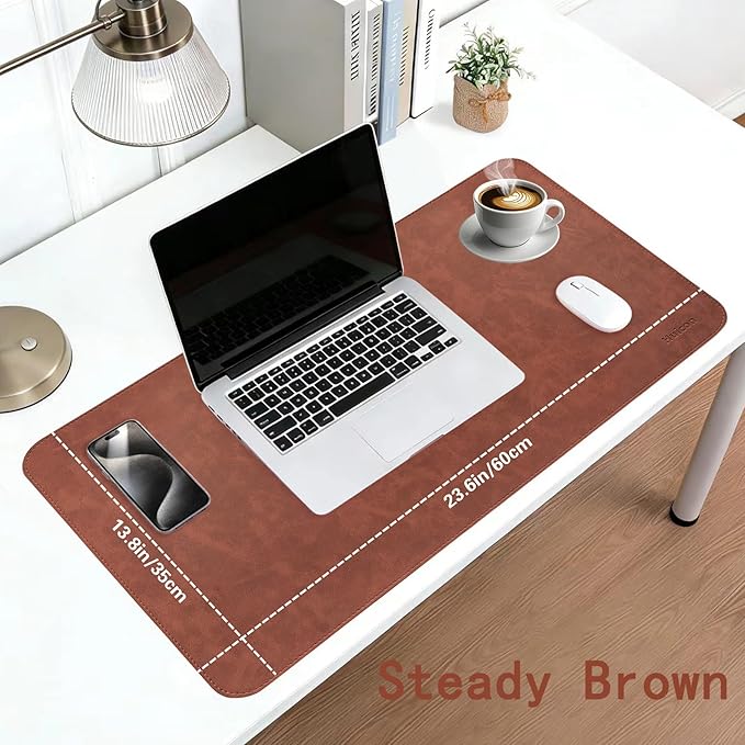 Leather Desk Mat, 23.6"x13.8" Non-Slip PU Leather Desk Pad, Thick Desk Blotter with Stitched Edge, Retro Large Mouse Pad, Laptop Pad for Office & Home Use (Brown)