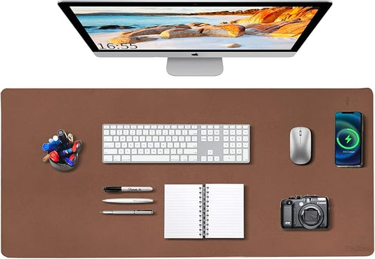 Desk Mat Wireless Charging Mouse Pad Large 32x16 Journey Desk Pad Mat with Wireless Charger Waterproof Leather Computer Mat with Phone Charger Mousepad Non-Slip for Keyboard and Mouse