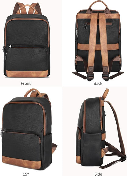 SYTRAH Leather Backpack for Women, Vintage 15.6 inch Laptop Backpack Purse for Women, College Casual Backpacks Ladies Computer Bags for Travel Business Work Black Brown