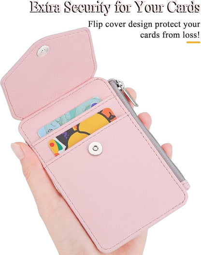 Teskyer Badge Holder with Side Zip Pocket, Multiple Card Slots Leather ID Holder Wallet with Neck Lanyard for Office Staffs, School, Workers, Cruise Cards, Metro Cards, Lichee Light Pink