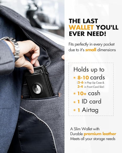 iwantit Slim Airtag Wallet for Men: Pop Up Bifold Wallet with Detachable Money Clip ID Window for Air Tag(1st & 2nd Generation) - RFID Blocking for 8-10 Cards Cash - Gift Box Included (Black)