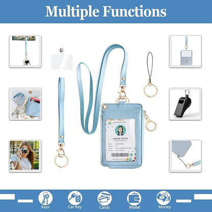 bolimoss 2-in-1 ID Badge Holder & Lanyard Wallet Women Leather Vertical ID Badge Card Holder with Detachable Wristlet & Neck Lanyard, 1 Clear ID Window, 4 Credit Card Slots, 1 Cash Coin Slot Baby Blue