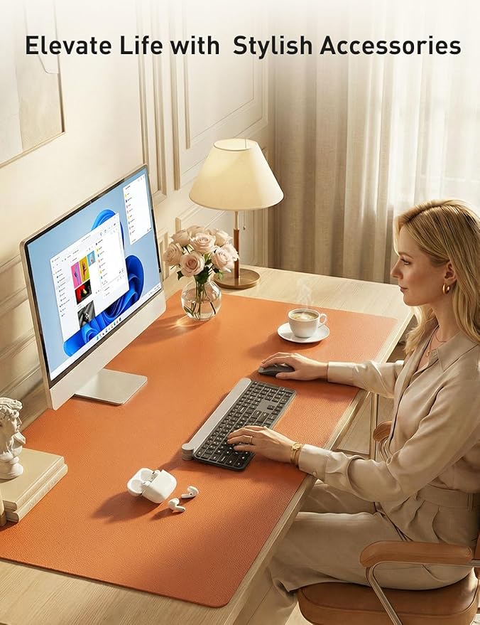 Aothia Faux Leather Desk Mat - Non-Slip PU Leather Desk Blotter, Waterproof Writing Surface, Large Desk Pad for Office & Home (Orange, 55" x 24")