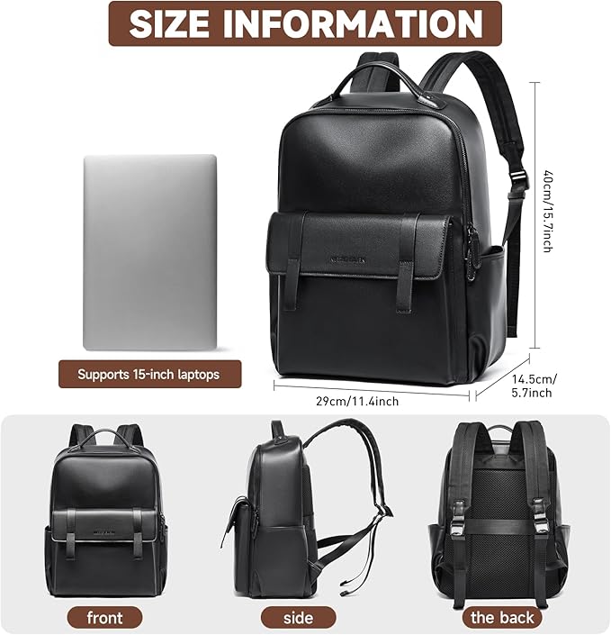 Leather Backpack For Men Fit 15" Laptop Waterproof Vintage Black Work Travel Flip Design Small Pu Backpack For Men Women Casual