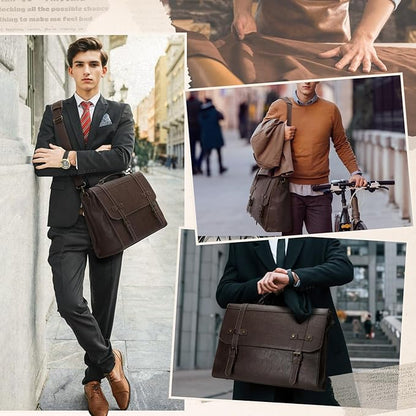 RAINSMORE Mens Messenger Bag 18 Inch Waterproof Vintage Leather Laptop Briefcase Large Laptop Bag Satchel Bag Computer Shoulder Bag for Office Business Travel College,Coffee