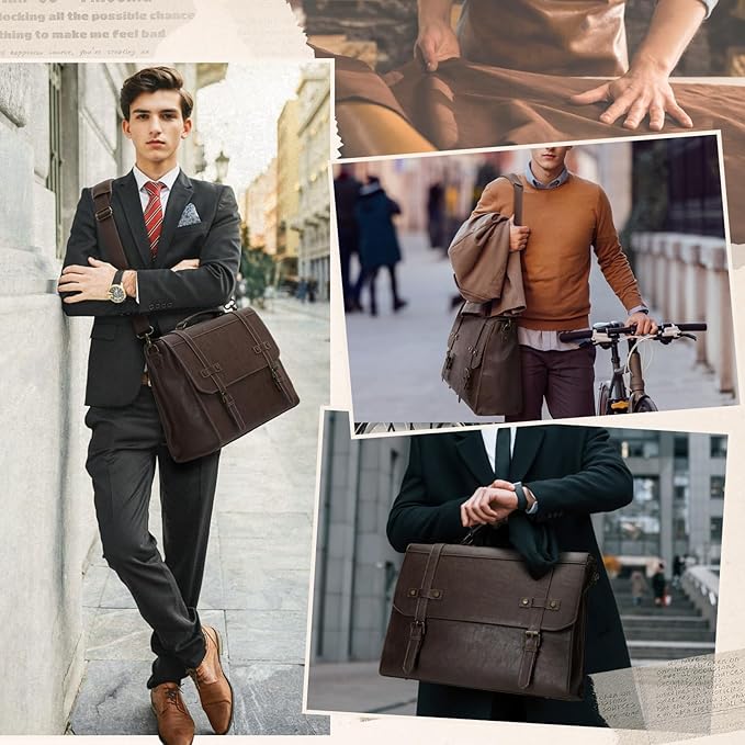 RAINSMORE Mens Messenger Bag 17 Inch Waterproof Vintage Leather Laptop Briefcase Large Laptop Bag Satchel Bag Computer Shoulder Bag for Office Business Travel College,Brown