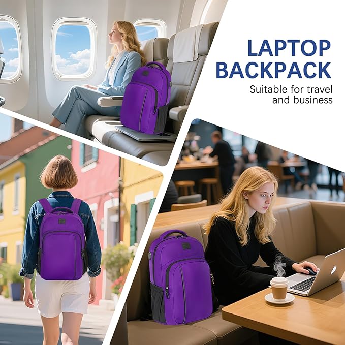 LARIPOP Carry On Backpack for Airplane, 17.3 Inch Laptop Backpack with USB Charging Port, Water Resistant Business Travel Backpack, Lightweight College School Bookbag Anti Theft for Men Women, Purple