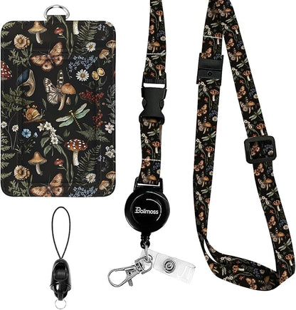 bolimoss Mushroom Lanyards for Id Badges, Cute Badge Holder with Retractable Reel Clip, Leather Work Name Tag Breakaway Lanyard Vertical ID Card Protector Case for Women Nurse Doctor Teacher Student