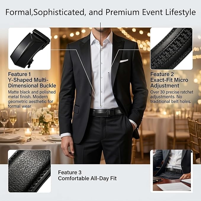 JINIU Men's Ratchet Belt Buckle, Black Genuine Leather Slide Belt for Men Dress Suit, Micro Adjustable Trim to Fit Boxed