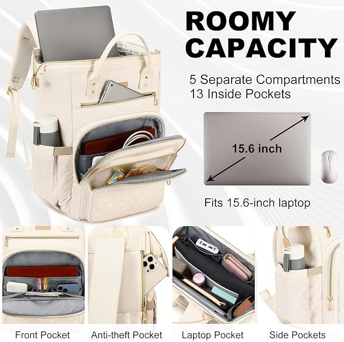 Lunch Backpack, 15.6 inch Laptop Backpack with Insulated Lunch Bag, Backpack Cooler for Women, Large Travel Backpack Lunch Box Compartment, Work Computer Backpack, Teacher College Book Bag, Beige