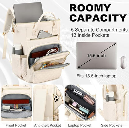 Lunch Backpack, 15.6 inch Laptop Backpack with Insulated Lunch Bag, Backpack Cooler for Women, Large Travel Backpack Lunch Box Compartment, Work Computer Backpack, Teacher College Book Bag, Beige