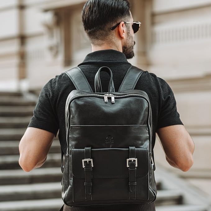 Time Resistance Leather Backpack Vintage Rucksack Purse for Laptop up to 15 in Black