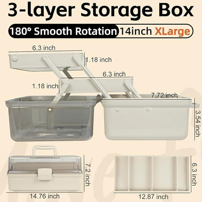 TERGOO 14in 3-Layer Multipurpose Craft Organizers and Storage with Adjustable Dividers, Portable Tackle Box, Folding Art & Craft Case for Medicine, Tool, Sewing Organizer (Brown, X-Large)