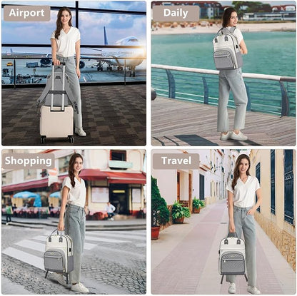 Laptop Backpack Women Work Bag - Travel Backpack Purse with USB Charger 15.6 Inch Nurse Bag College Teacher Business Backpack Waterproof Laptop Bag Beige Grey