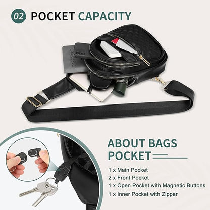Crossbody Bags for Women Men,Leather Sling Bag Cross Body Backpack for Women, Casual Chest Bag Daypack for Travel Hiking, Black