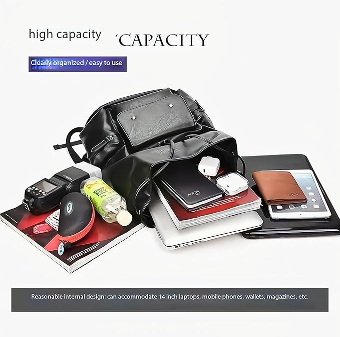 Unisex PU leather laptop bag work business bag hiking backpack leisure day bag university schoolbag (Large,Black 3)