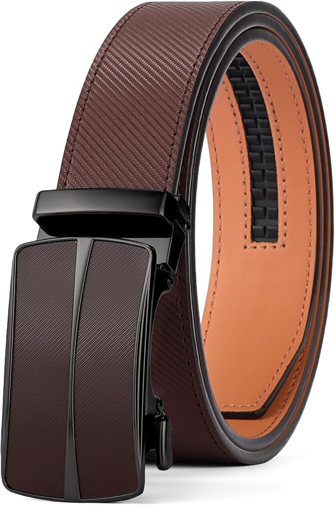SENDEFN Leather Belt for Men Automatic Ratchet Buckle Slide Dress Casual Belts 1 3/8'' Wide Adjustable Trim to Fit(Black-20)