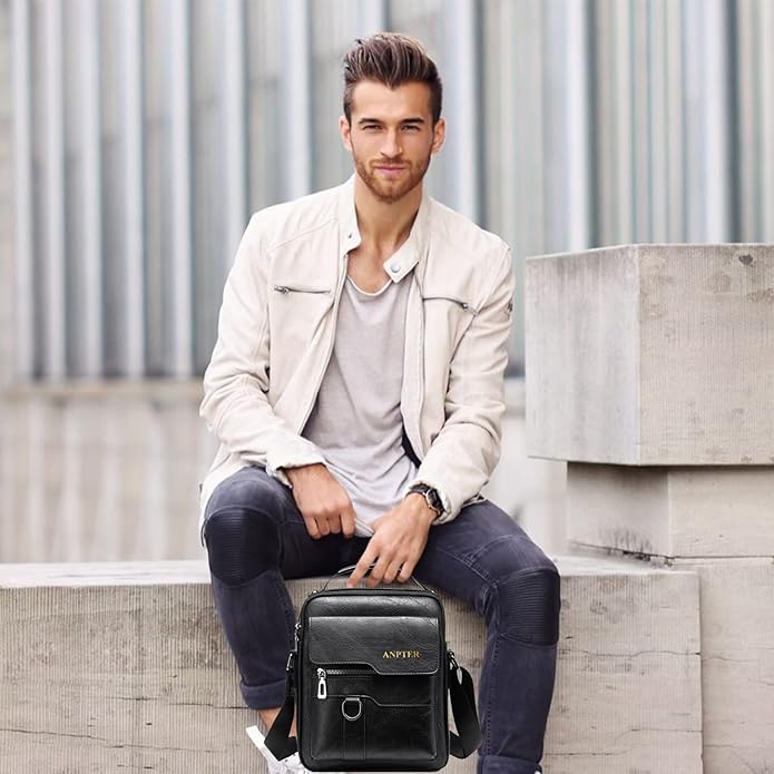Messenger Bag for Men Crossbody Shoulder Purse Small Vintage PU Leather Satchel Pouch Side Crossover Handbag