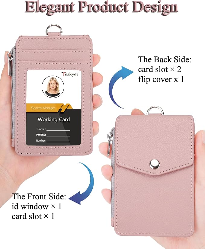 Teskyer Badge Holder with Side Zip Pocket, Multiple Card Slots Leather ID Holder Wallet with Neck Lanyard for Office Staffs, Teachers/Students, Workers, Cruise Cards, Bus/Metro Cards, Lichee Dark Pink