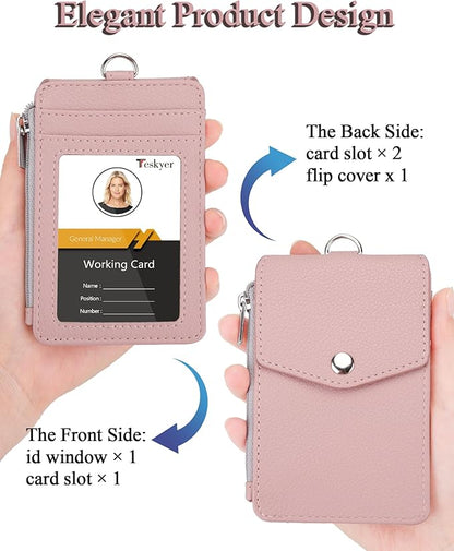 Teskyer Badge Holder with Side Zip Pocket, Multiple Card Slots Leather ID Holder Wallet with Neck Lanyard for Office Staffs, Teachers/Students, Workers, Cruise Cards, Bus/Metro Cards, Lichee Dark Pink