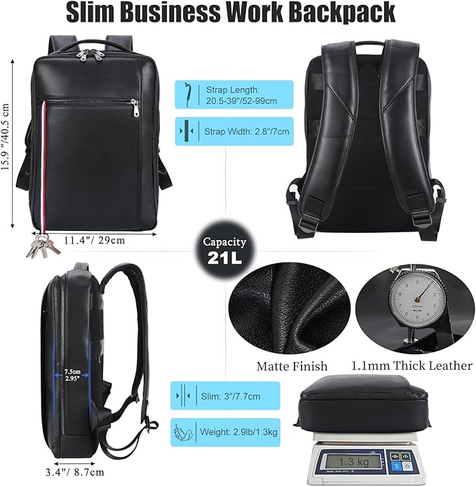 Masa Kawa Slim Genuine Leather Business Backpack 15.6" Laptop Bag for Men Women Office Work Travel Small Thin Computer Casual Daypack, Black