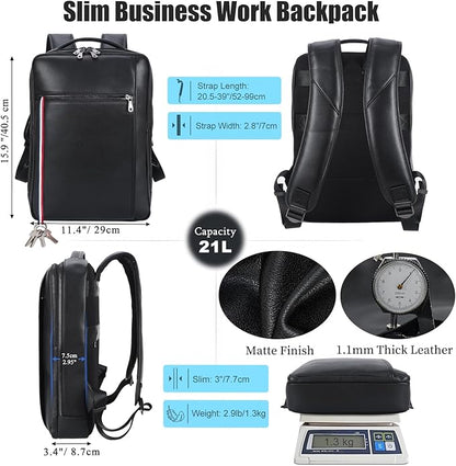 Masa Kawa Slim Genuine Leather Business Backpack 15.6" Laptop Bag for Men Women Office Work Travel Small Thin Computer Casual Daypack, Black