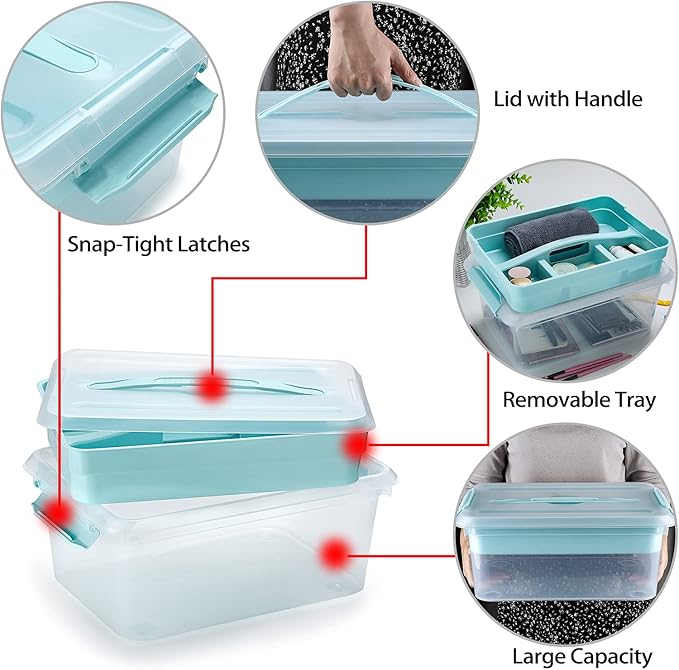 BTSKY Stack & Carry Box, Clear Plastic Storage Container Stackable Home Utility Box with Removable Tray Multi-Purpose Storage Bin for Organizing Stationery, Sewing, Art Craft Supplies(Blue)