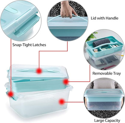 BTSKY Stack & Carry Box, Clear Plastic Storage Container Stackable Home Utility Box with Removable Tray Multi-Purpose Storage Bin for Organizing Stationery, Sewing, Art Craft Supplies(Blue)