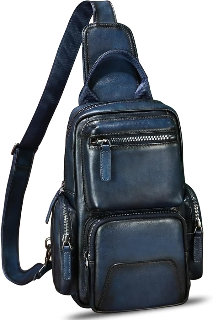 IVTG Genuine Leather Sling Bag Crossbody Casual Hiking Daypack Vintage Handmade Chest Bag Shoulder Backpack Motorcycle Pack (Blue)