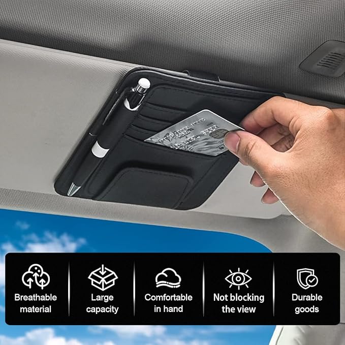 Leather Car Sun Visor Organizer Clip, Universal Car Truck Visor Document Holder with Sunglasses Clip, Auto Visor Pocket Storage for Bill Card Registration/Driving License Pen (Black)
