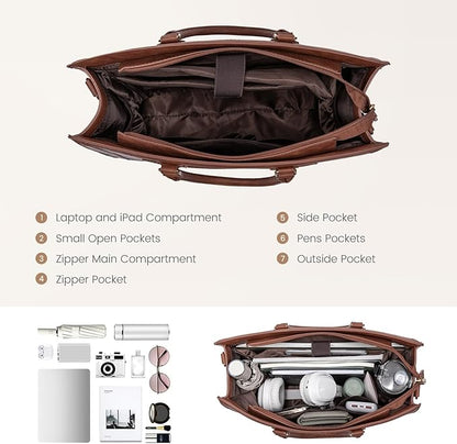 LOVEVOOK Laptop Tote Bag for Women, 15.6 Inch Work Bags, Vintage Leather Tote Bag, Waterproof Computer Bags with Clutch Purse, Large Capacity Messenger Bag for Teacher College Business Office