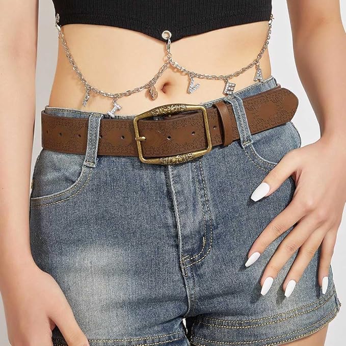 Women Western Belt Vintage Metal Buckle Leather Belts Country Cowboy Cowgirl Belt for Jeans Pant Dress