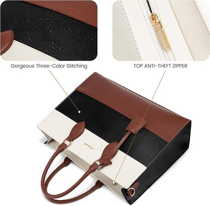 LOVEVOOK Laptop Bag for Women 15.6 Inch Waterproof Teacher Work Tote Bag Professional Office Business Computer Briefcase with Clutch Purse Large Capacity Shoulder Messenger Bag, Brown/Black/White