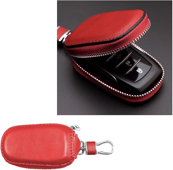 Car Key Case, Genuine Leather Auto Key Fob Cover Case, Key Fob Protector with Metal Hook, Car Smart Keychain Holder (Red)