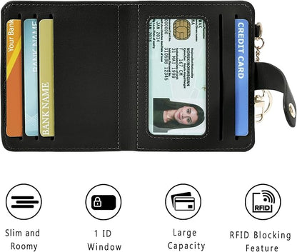 Airkit Small Wallets Woman RFID Blocking Leather Credit Card Holder - with ID Window - Card Wallets for Women - with Zipper Coin Purse - Keychain Wallet