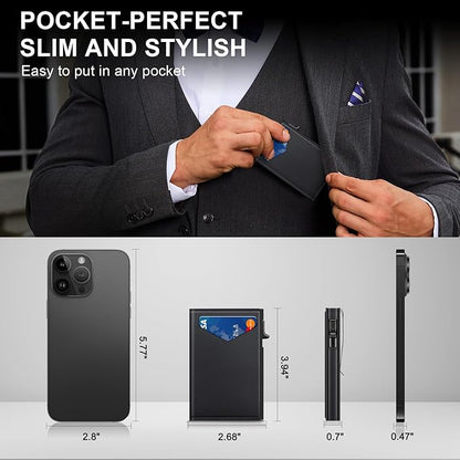 Wallet for Men, RFID Wallet with Money Clip & ID Window, Minimalist Pop Up Credit Card Case Holder 10-12 Cards, Bifold Slim Smart Wallet for Front Pocket, Compact Metal Wallets, Gifts for Men, Black
