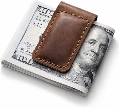 Slim Magnetic Money Clip, Genuine Leather Business Card Holder, Gift Box Included