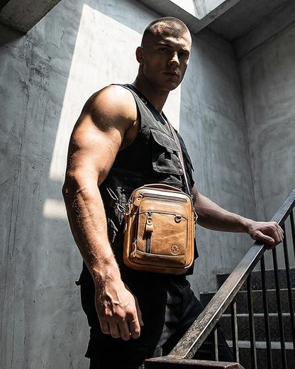 Men's Vinatge Leather Crossbody:Compact with Organized Pockets,Stylish & Functional for Everyday Carry