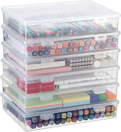 BTSKY Clear Plastic Storage Box with Flap Lid, Multipurpose Craft Organizers and Storage Box Art Supply Storage Organizer Plastic Sewing Box for Beads Pencils Notebooks, 6 Pack Medium
