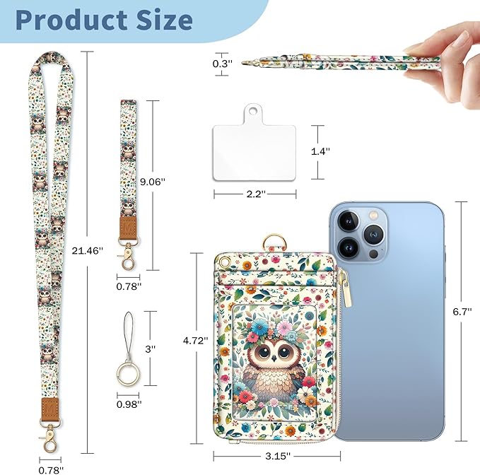 Lanyard Wallet with Id Badge Holder, Floral Owl RFID Small Keychain Wallet Women Wristlet, Cute Zipper Credit Card Holder Phone Wrist Neck Strap for Key Name Tag, Teacher Student Office Gifts