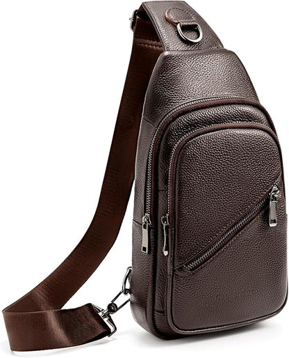Leather Sling Bag Crossbody Bags for Men, Chest Pack for Daily Travel Leisure Sport（Black/Brown）