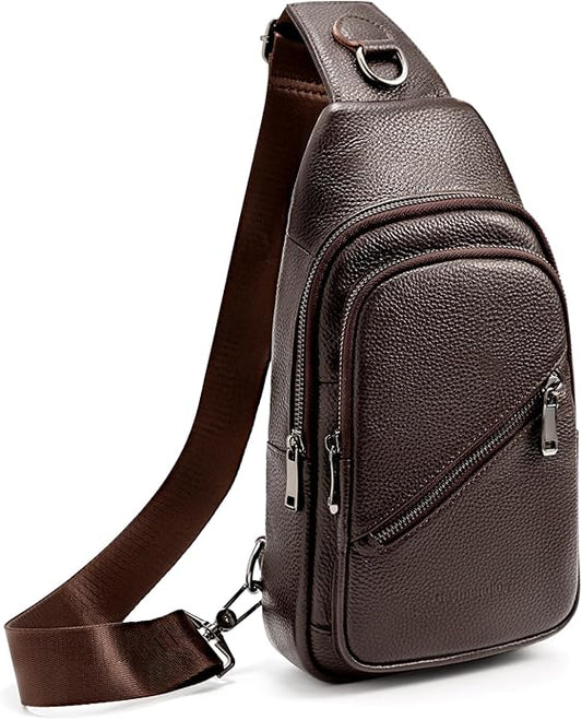 Leather Sling Bag Crossbody Bags for Men, Chest Pack for Daily Travel Leisure Sport（Black/Brown）
