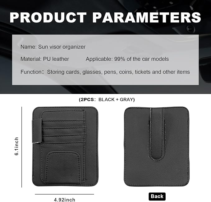 Dickno 2PCS Small Leather Car Sun Visor Organizer, Multifunctional Auto Visor Document Holder with Sunglasses Clip, Universal Car Interior Organizer for Drving License, Card, Pen (Black+Gray)