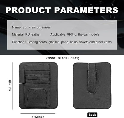 Dickno 2PCS Small Leather Car Sun Visor Organizer, Multifunctional Auto Visor Document Holder with Sunglasses Clip, Universal Car Interior Organizer for Drving License, Card, Pen (Black+Gray)