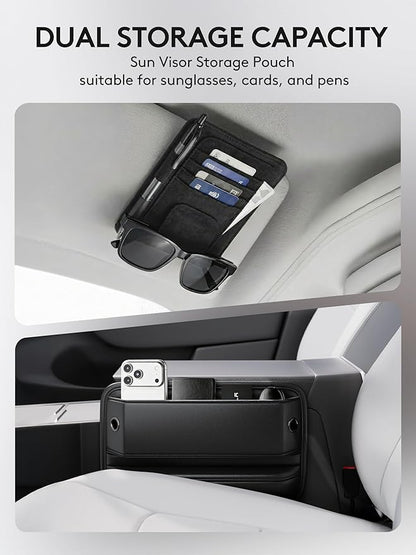 2 Pack Car Seat Gap Filler, Leather Seat Gap Organizer with Sun Visor Organizer, Front Seat Storage for Phone, Sunglasses, Cards and Keys, Fits Most Cars SUVs and Trucks